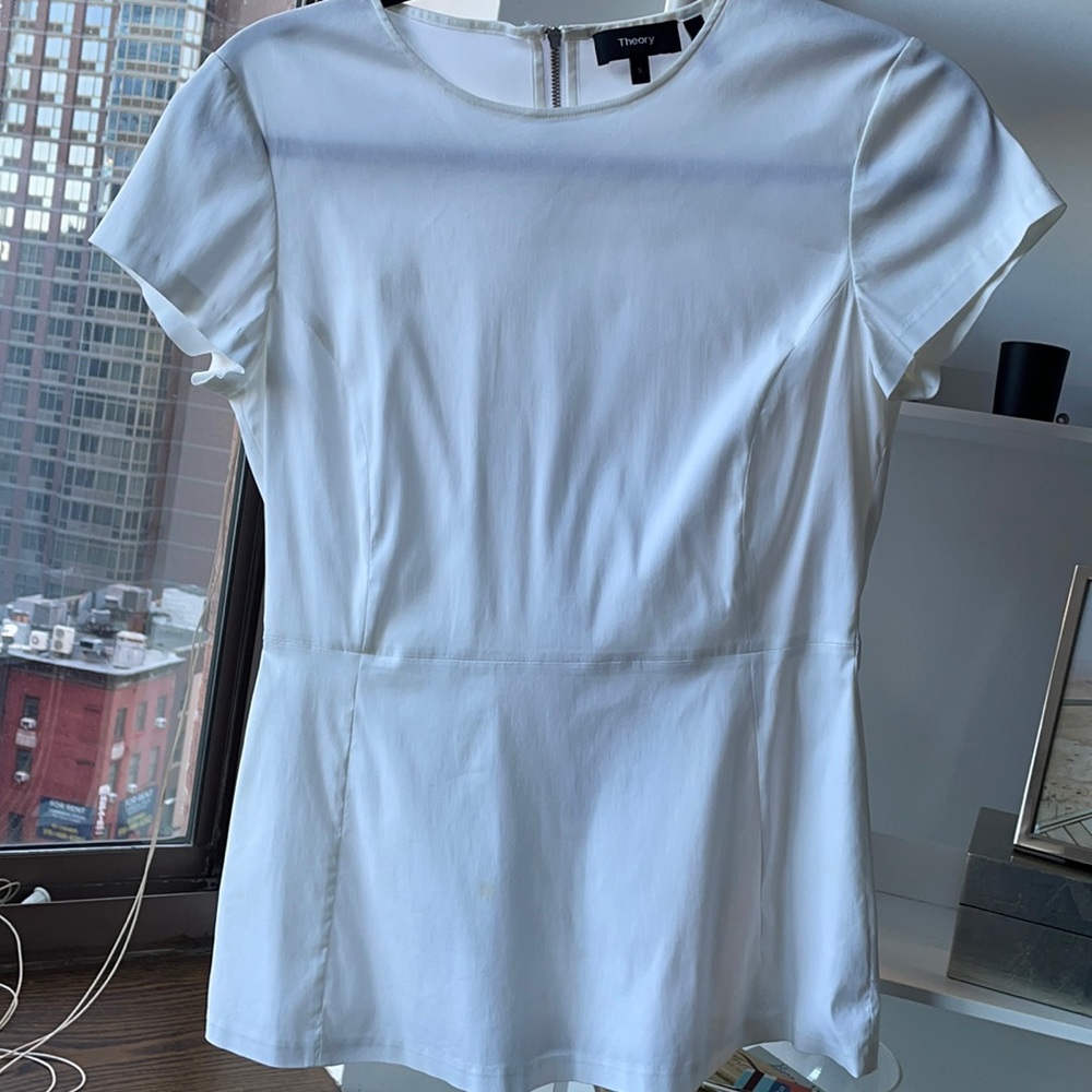 Theory Stretch White Cotton Peplum Top